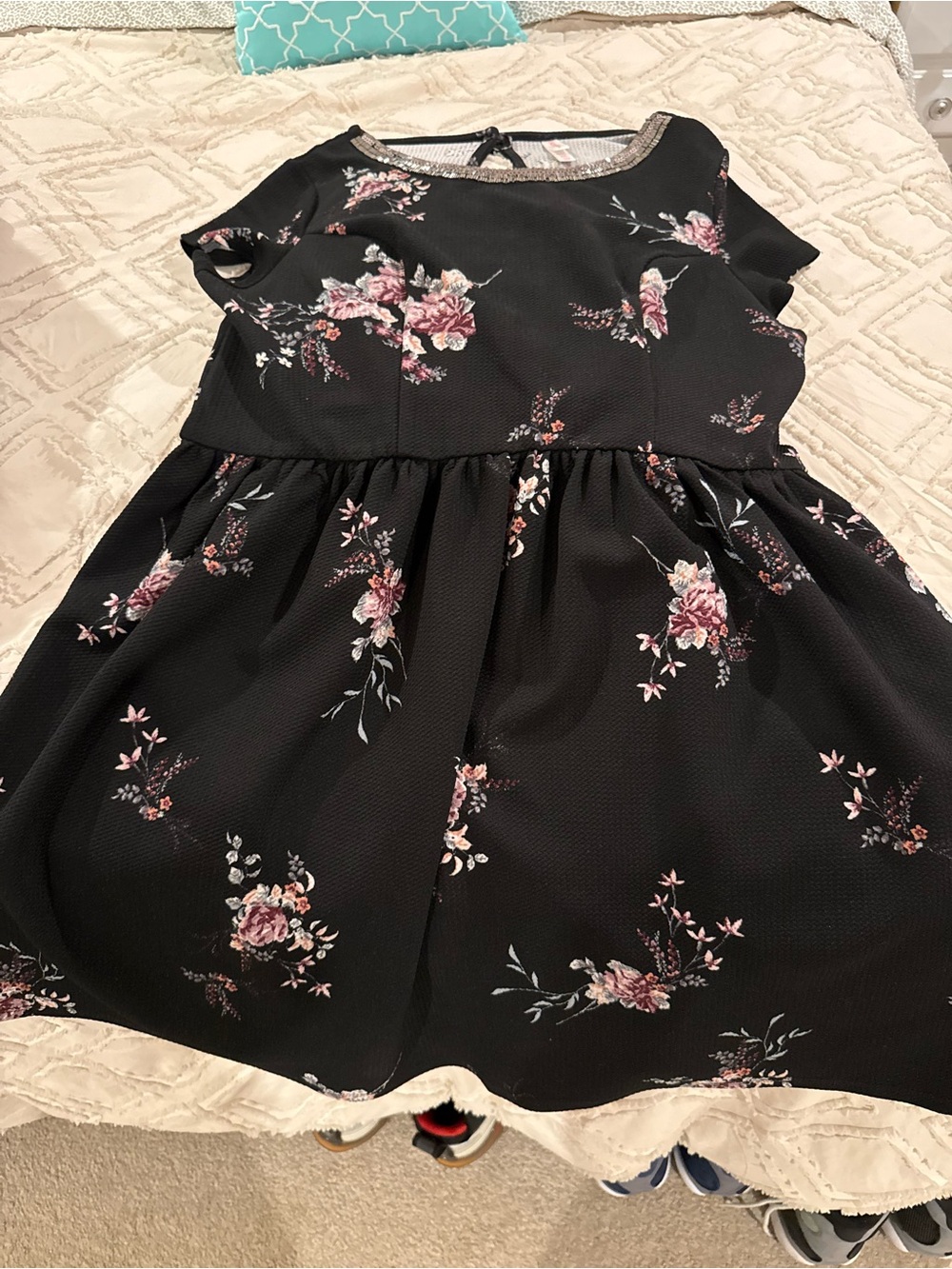 Xhilaration Black Floral Short-Sleeve Fit-and-Flare Dress